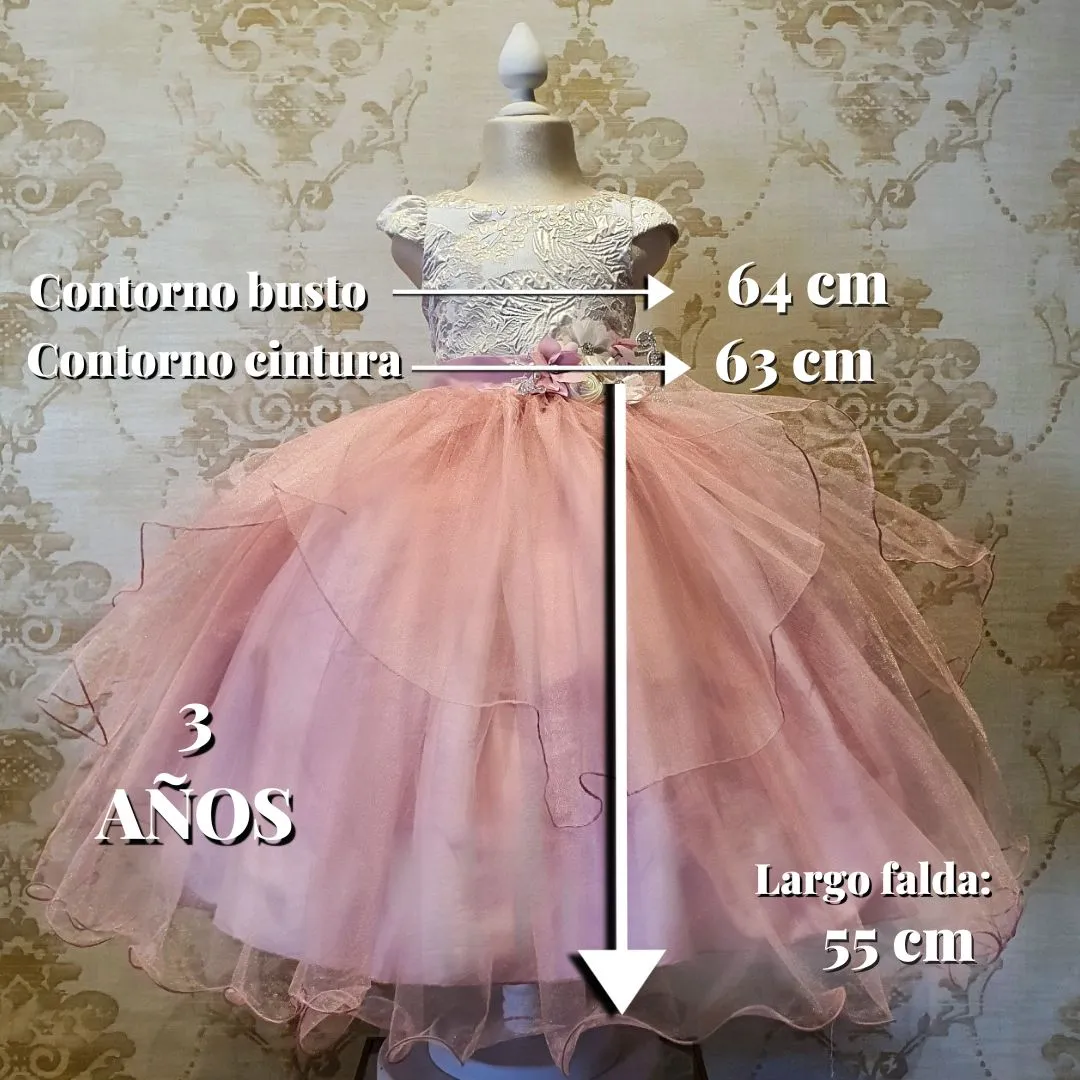 Vestido de Niña Fiesta Rosa Palo con Blanco Brocado con Tul Talla 3