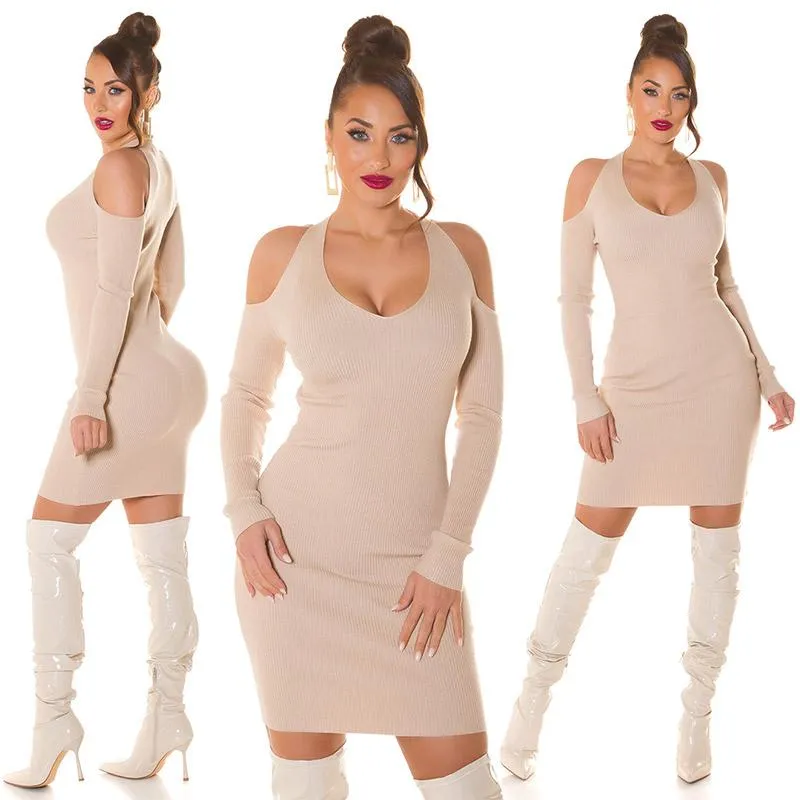 Vestido de punto capuchino con aberturas