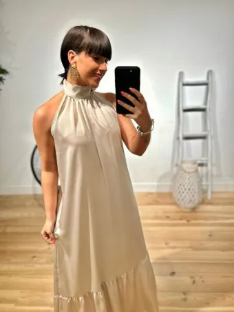 Vestido Halter Satinado ALAYNE Beige
