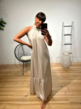 Vestido Halter Satinado ALAYNE Beige
