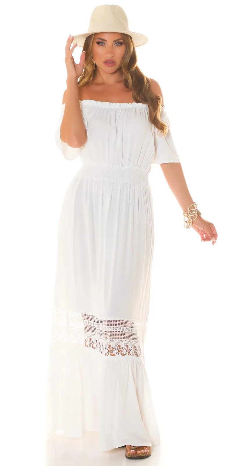 Vestido maxi y hombro descubierto blanco