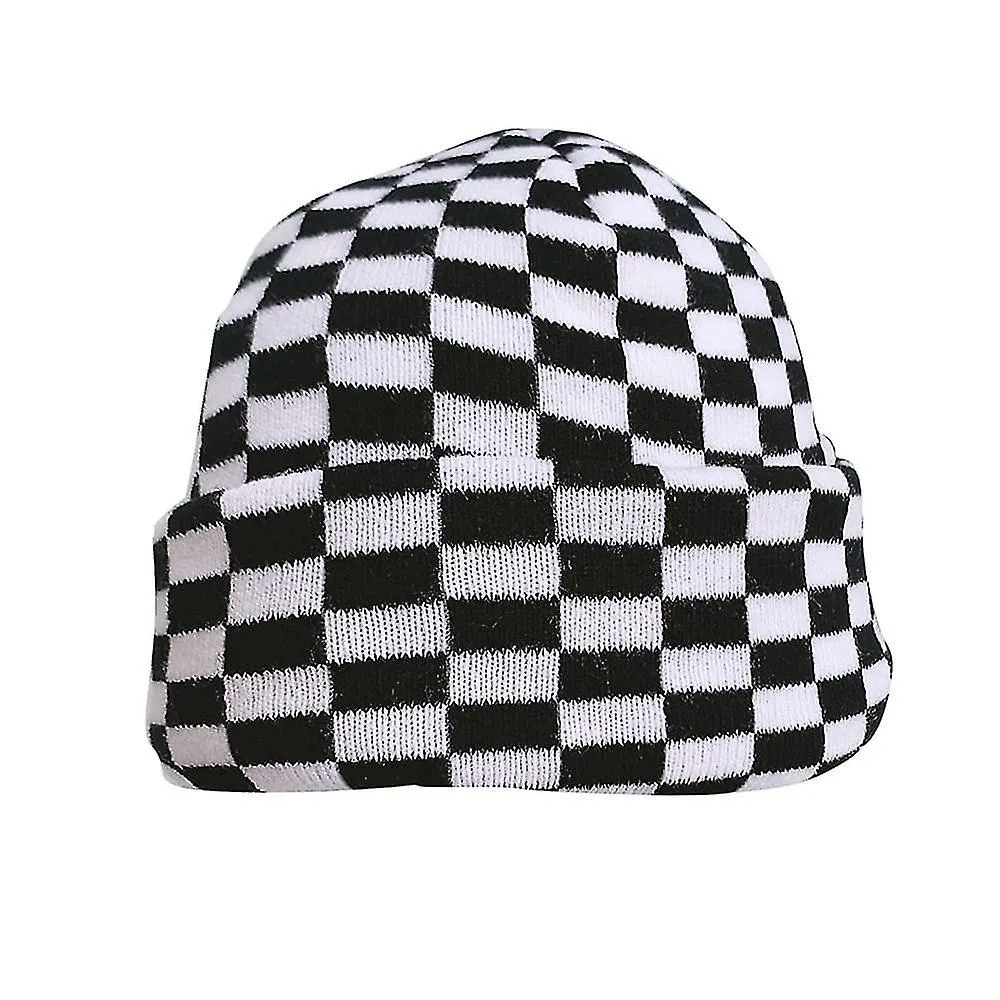 Women Men Winter Hats Cow Print Checkered Checkerboard Pattern Beanie Knitted Soft Warm Slouchy Skull Ski Cap