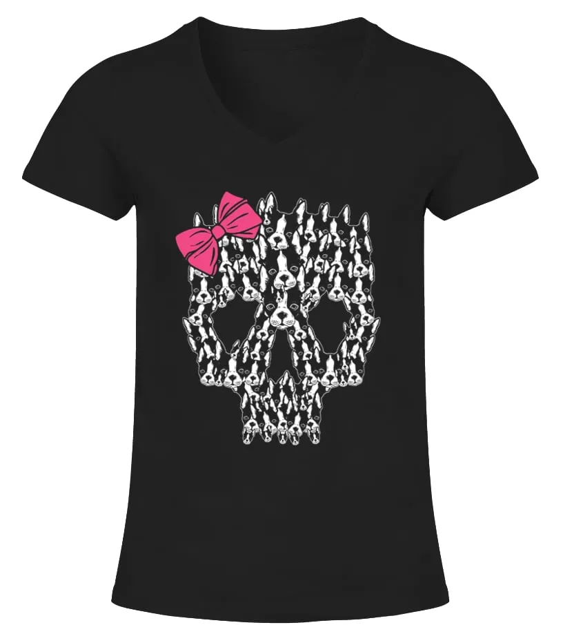 Women S Puppy Sugar Skull T shirt Cute Goth Boston Terrier Dog Medium Black Camiseta cuello pico Mujer
